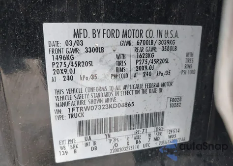 2003 Ford F-150 Lariat z USA, uszkodzony, nr VIN 1FTRW07323KD04865